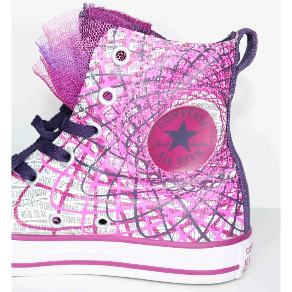 Converse Chuck Taylor Party Pink and Purple Hi Tops with Tulle-Junior Size 1.5